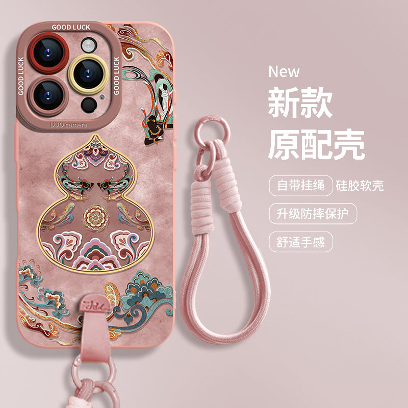 [Crossbody bilək bağı] Dunhuang gourd Apple 17promax cib telefonu qutusu iphone16pro yeni stil 15 kəmər hava super isti 14 yüksək səviyyəli hiss 13 silikon hər şey daxil 12 mədəni və yaradıcı dəst üçün uyğundur