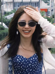 Tan Songyun'un qadınlar üçün eyni retro metal oval günəş eynəyi, moda konkav formalı Y2K anti-UV günəş eynəyi