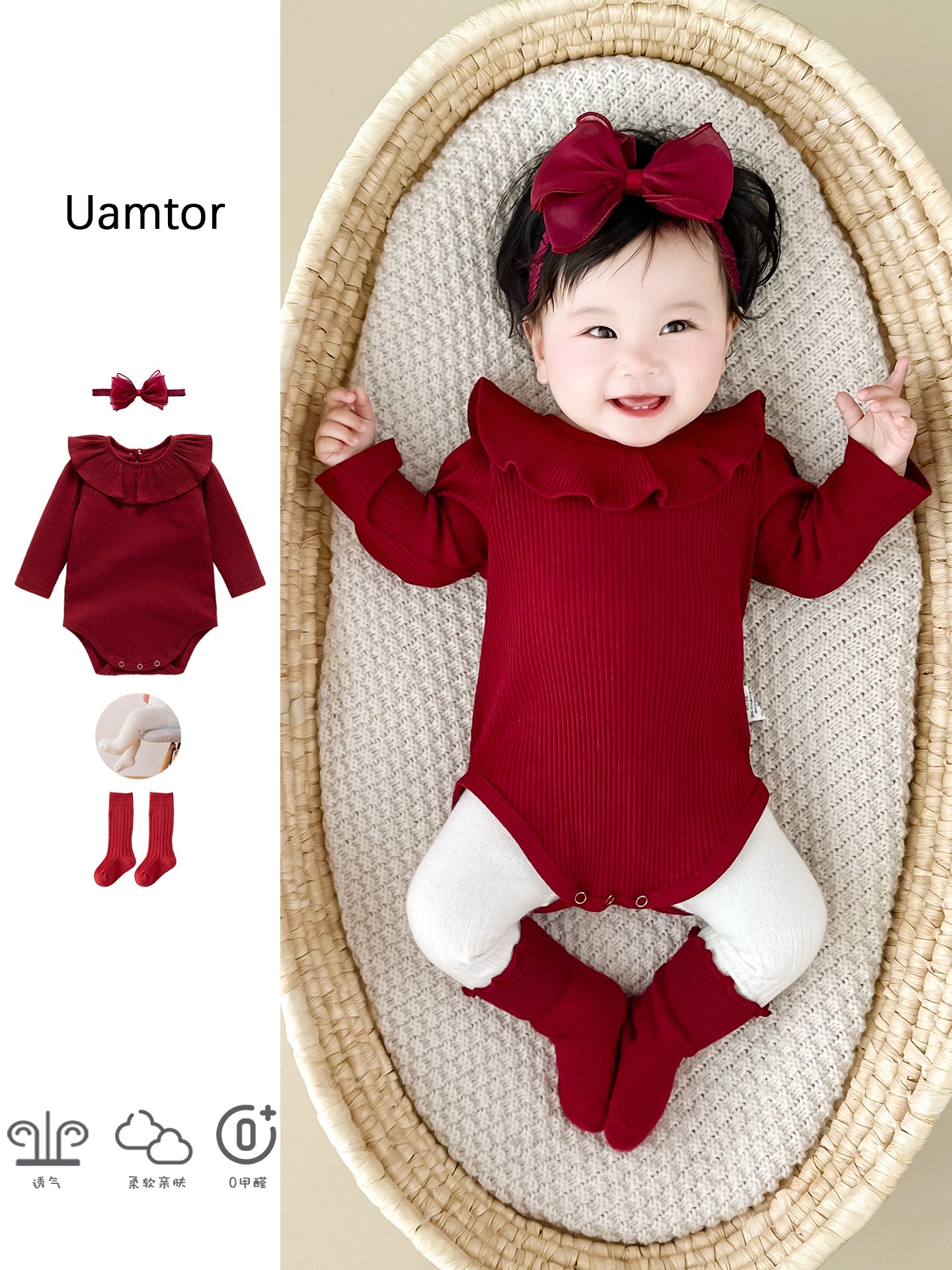 Qızlar üçün Fransız Uamtor Payız Körpə Onesi, Tam Ay/100 Günlük Şahzadə Romperi, Qırmızı Bəzəkli Kostyum