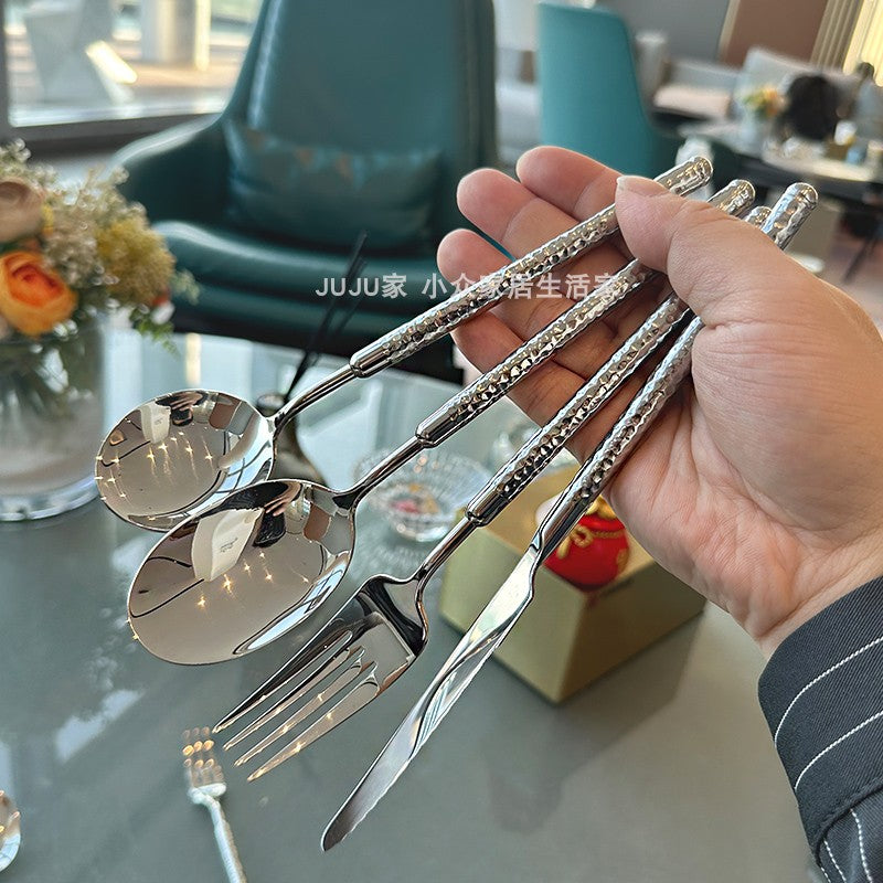 Fransız yüngül lüks almaz naxışlı uzun sap 304 paslanmayan poladdan hazırlanmış desert qaşığı və çəngəl biftek restoranı makaron kommersiya bıçaqları