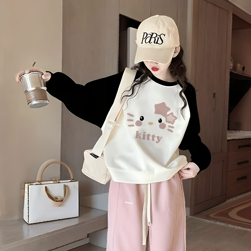 Qızlar üçün uzunqol sviter, yaz, payız və qış, orta və böyük yaşlı uşaqlar və tələbələr üçün şık, geniş uşaq formalı Hello Kitty alt qatlı üst geyim.