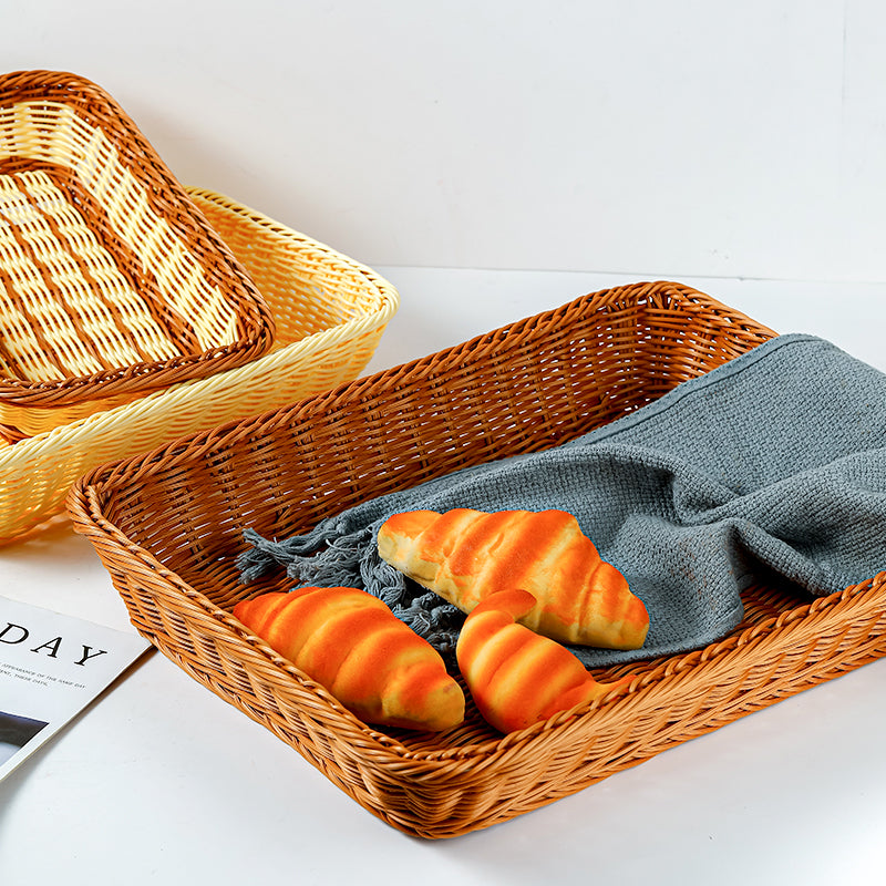 Düzbucaqlı imitasiya rattan meyvə səbəti, plastik toxunmuş çörək səbəti, supermarket ekran səbəti, məişət qəlyanaltı saxlama səbəti