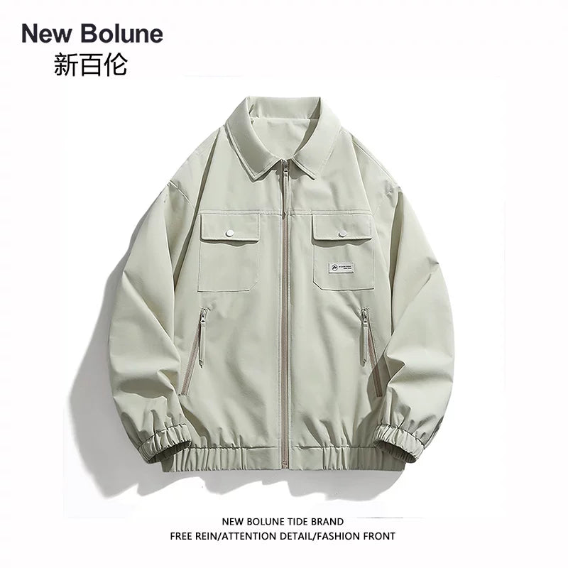 NEW BOLUNE American High Street Trendy Metallic Decor Unisex Solid Color Loose Casual Jacket