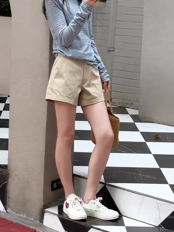 Qadınlar üçün xaki şortları, 2026-cı ilin yay trendi, böyük ölçü, yüksək belli, gənc, çox yönlü, gündəlik A-xəttli şortlar.