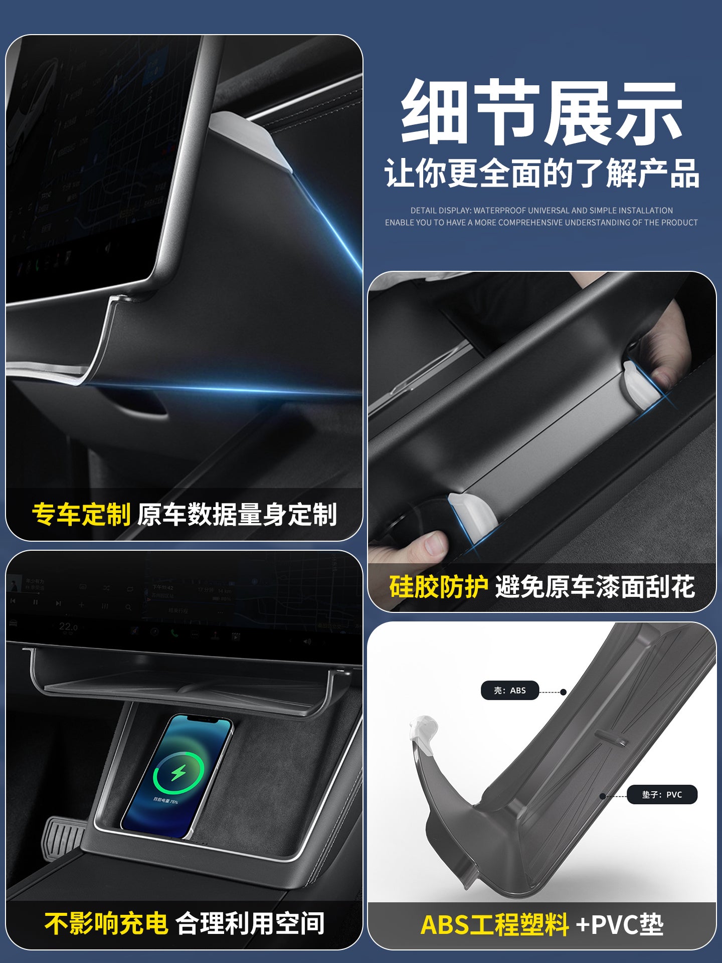 The under-display storage box upgrade applies to 25 Tesla models, including the Model Y3 center console tissue box interior modification.