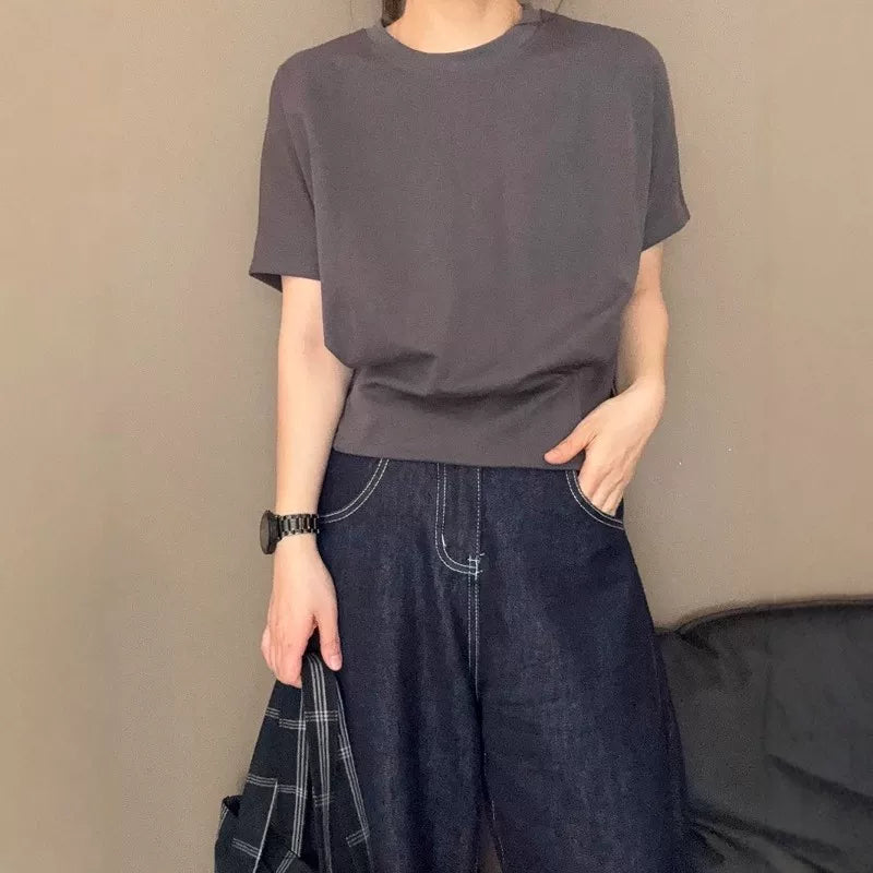 Böyük Ölçülü Qadınlar üçün İncə Fit Qısa Qollu Futbolka, 2026 Yay Yeni Modeli, Qəşəng, Dəbli, Gənc və Qarın Gizlədən Top