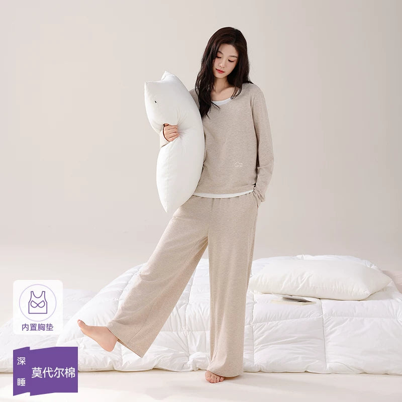 Jane Factor [Dərin Pijama 70] Üst paltar və ev geyimi üçün döş yastıqları ilə Super Yumşaq Modal Pambıq Yaz və Payız Qadın Pijamaları