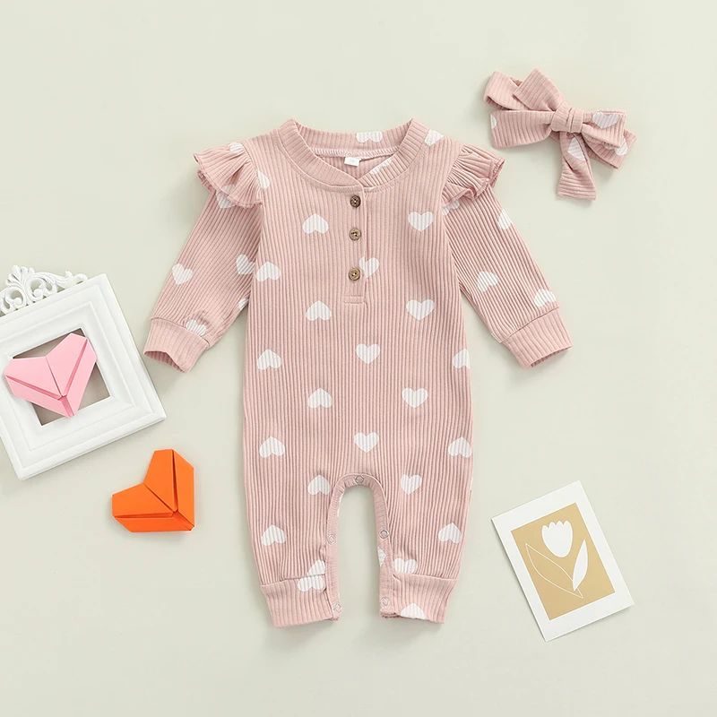 Newborn Girls Valentine's Day Romper Ruffle Ribbed Body