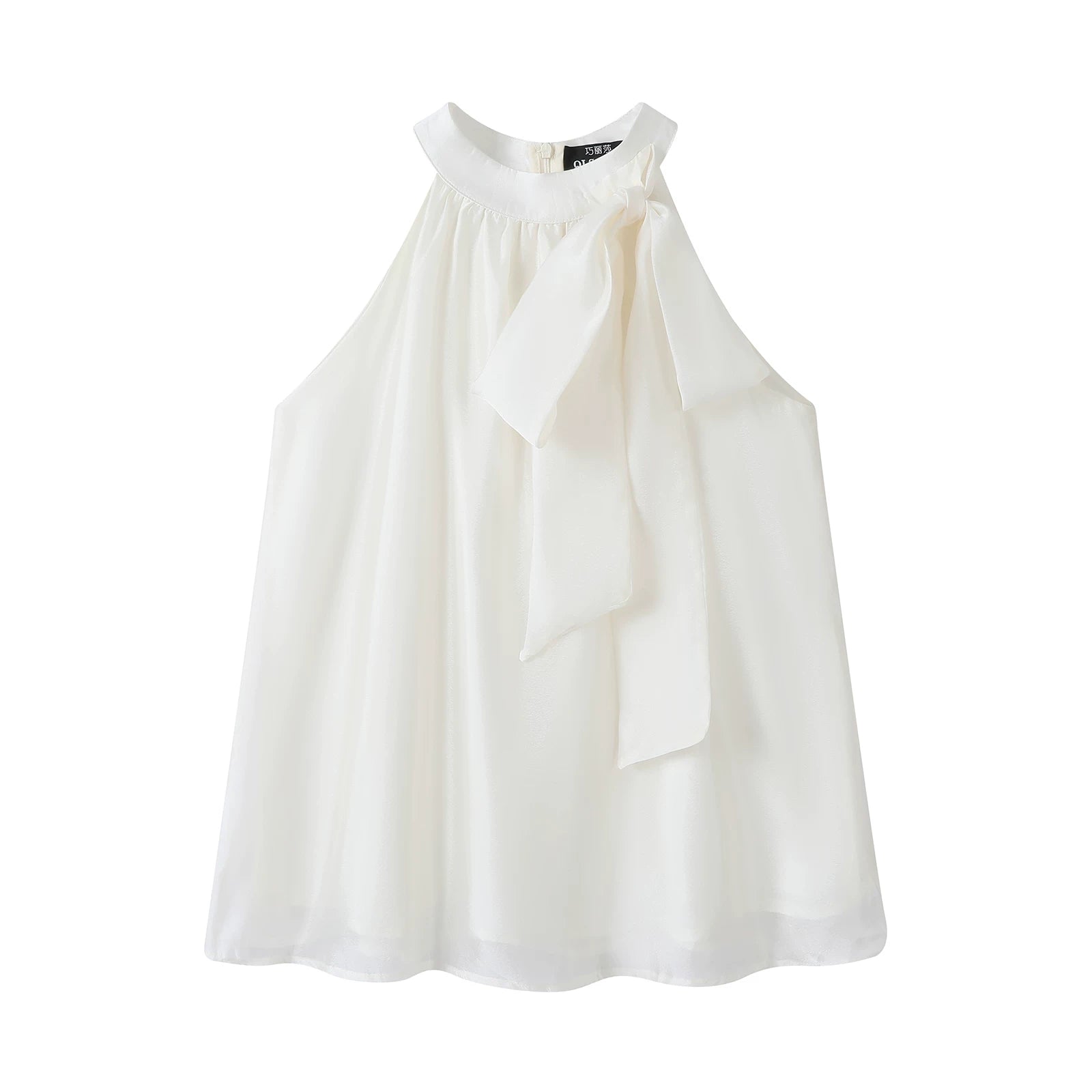 Cholisa-nın qadınlar üçün niş dizaynlı, yüksək səviyyəli qolsuz, yaxalı, çiyinləri bağlı bluza, zərif çəhrayı rəngli, fransız şık üslublu top.