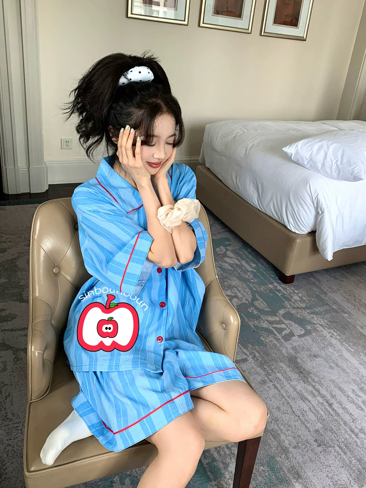 Xinbangbang Homedress qadınlar üçün zolaqlı qısaqol pijama 2025 yeni yay nazik üslublu boş ev geyimi dəsti