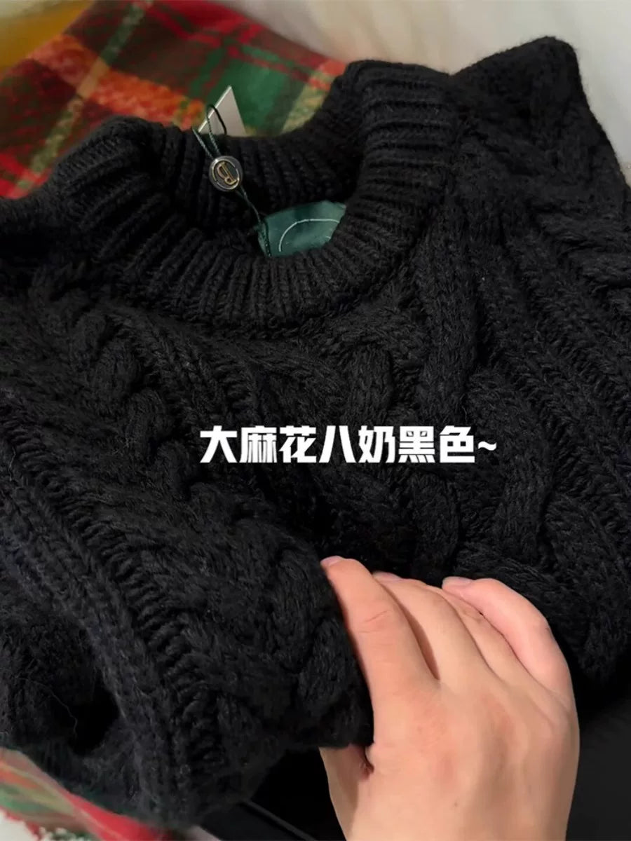 Avropa üslubunda yüksək keyfiyyətli qara kabel toxunuşlu qalın yun toxunuşlu top, payız və qış Puyuan üslubunda, boş və yumşaq sviter