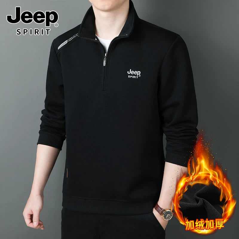 JEEP 2025 Payız Kişi Sviteri, Boş Forma, Dayaqlı Yaxalıq, Uzun Qol, Əsas Qat, Yarım Fermuarlı Top