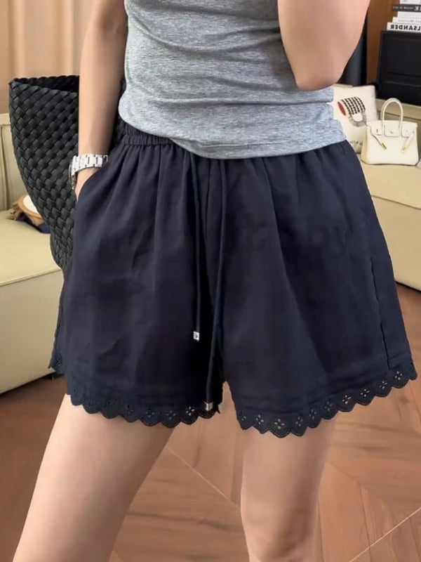 Böyük Ölçülü Qadın Krujevalı Trimli Təsadüfi Şortlar 2026 Yay Yeni Stil Boş Uyğunluq Arıqladıcı Yüksək Bel Geniş Ayaqlı İsti Şalvar