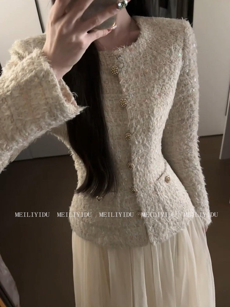 MLYD/Xüsusi Böyük Ölçülü Fransız Qəşəng Ağır-Duty Chanel Stilində Yun Palto və Yüksək Belli Torlu Ətək Dəsti