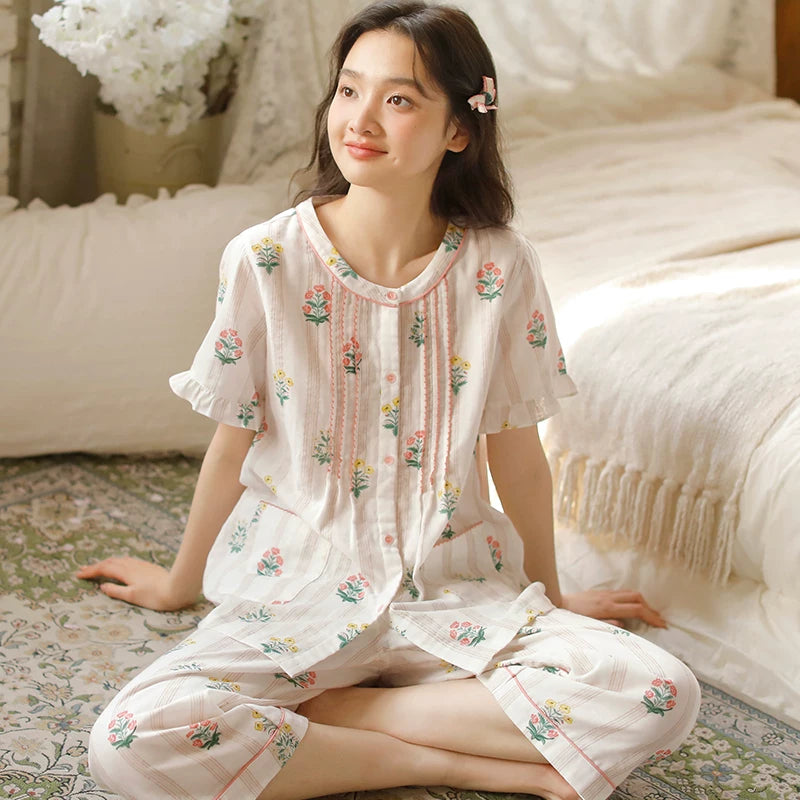 Yay üçün yastıqlı pijama, qadınlar üçün yeni üslub, təmiz pambıqdan qısaqol kəsikli şalvar, şirin çiçəkli krujeva kostyumu, boş ev paltarı