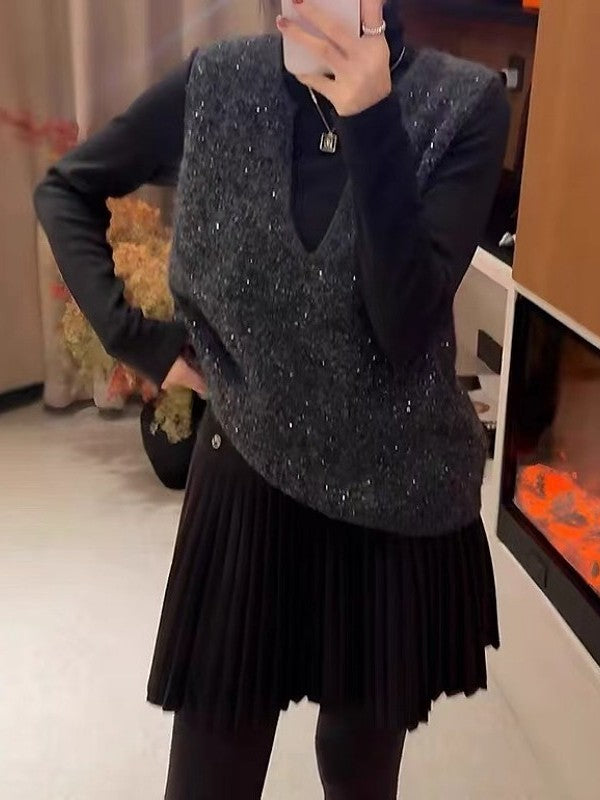 Qadınlar üçün Avropa üslubunda muncuqlu qolsuz toxunma jilet, payız və qış, böyük ölçüdə, geniş formada, yüksək səviyyəli model.