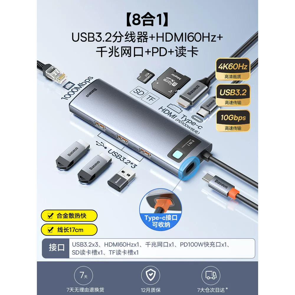 Baseus dok stansiyası Type-C-dən HDMI proyeksiyasına USB splitter adapter mərkəzi Kompüterlər, iPad-lər, noutbuklar, planşetlər və mobil telefonlar üçün Thunderbolt 4 çoxportlu Ethernet çeviricisi