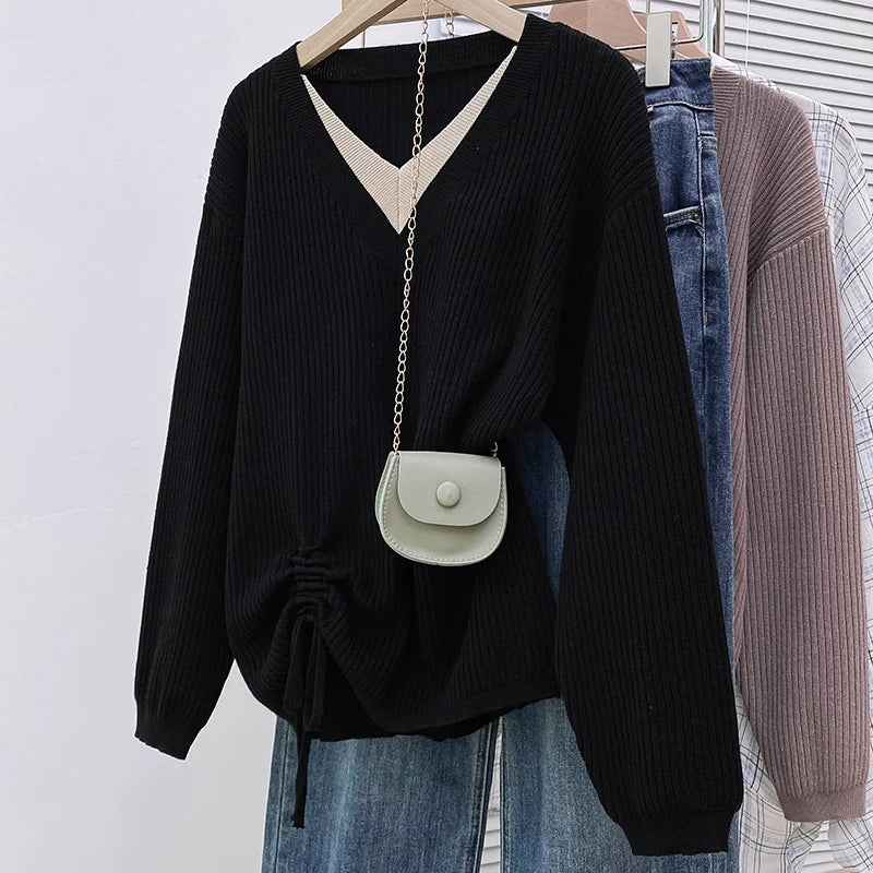 Xarici ticarət ixracı üçün orijinal sifariş geri götürülmüş, etiket kəsilmiş, payız və qış saxta iki hissəli V-yaxalı çəkmə sviter, böyük ölçülü qadın uzunqol trikotaj geyimləri