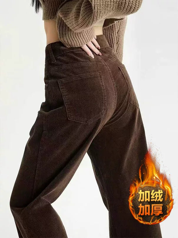 Qadınlar üçün qəhvəyi və qəhvəyi rəngli arıqladıcı məxmər düzbucaqlı şalvar, payız və qış, flis astarlı, armud formalı böyük ölçülü şnil genişbucaqlı gündəlik şalvar