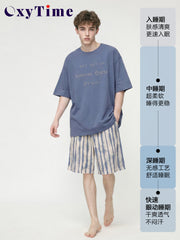 OxyTime oksigen vaxtı təmiz pambıq yay pijama kişi təmiz pambıq qısaqol şort mavi təsadüfi ev geyimi dəsti