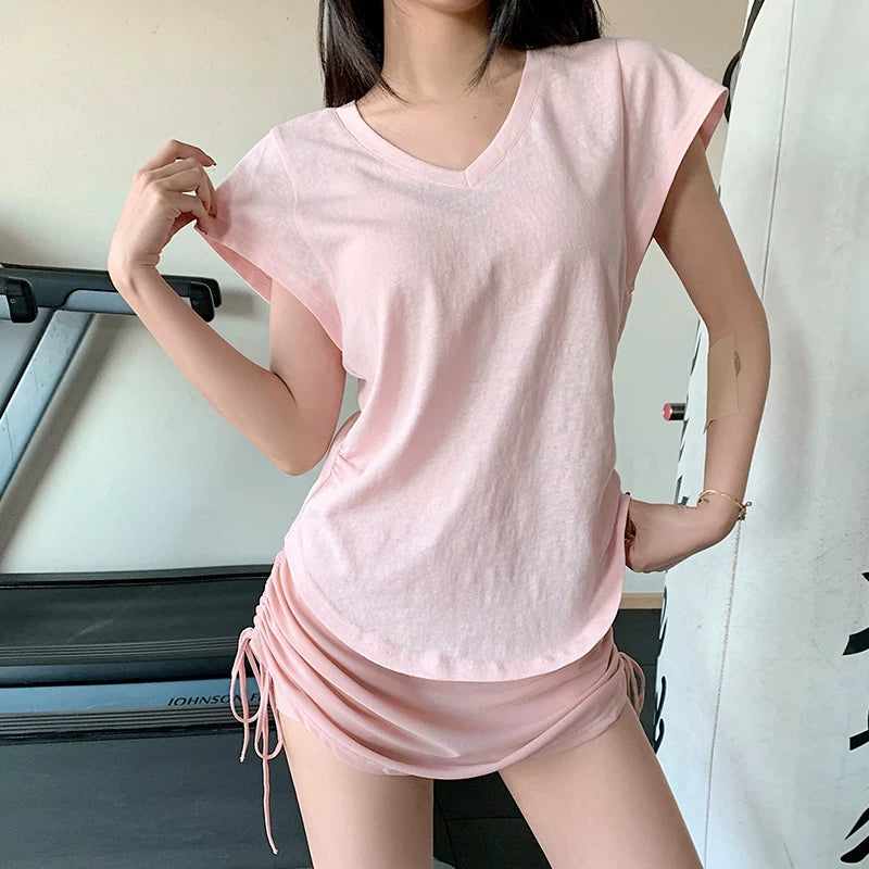 [Yeni Rəng]annerunV-yaxa boş idman top qadın köynəyi yoqa geyimi, tez quruyan geyim fitnes örtüyü