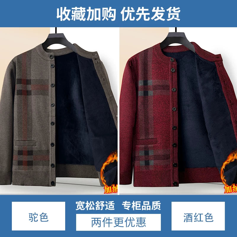 Payız və qış qalın flis hırka, orta və yaşlı insanlar üçün isti, dairəvi yaxalı düyməli toxunma sviter palto, baba köynəyi