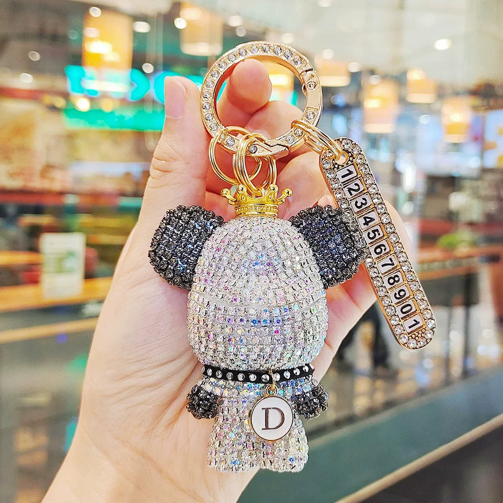 Cartoon full diamond bear-shaped car key chain, creative design, optional diamond-encrusted license plate pendant, anti-loss key chain gift.