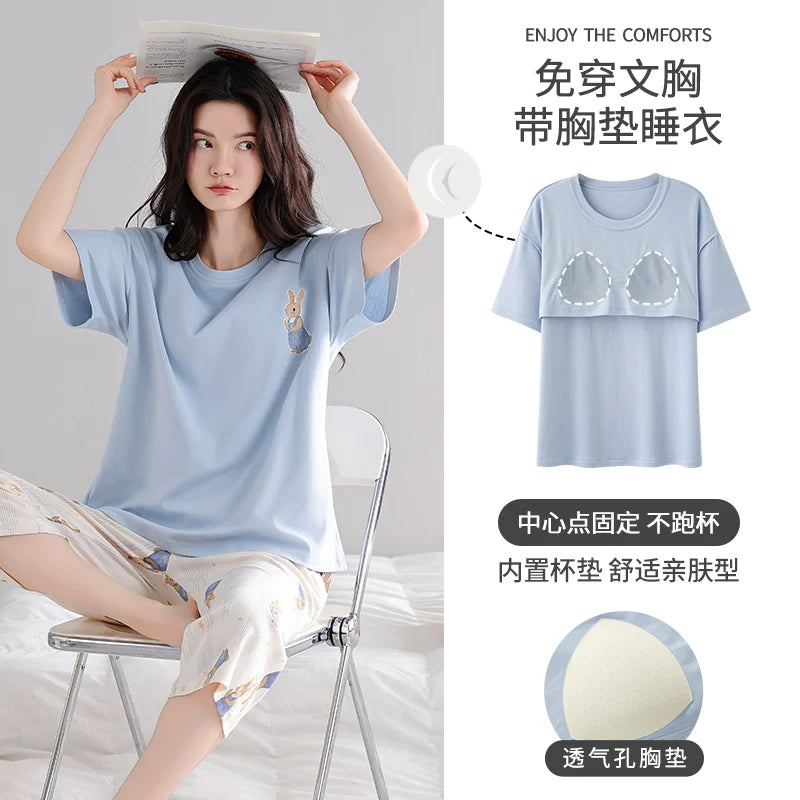 Urban Beauty təmiz pambıq pijama qadınlar üçün yay yeni qısaqol, sinə yastiqciqları olan dörddə üç şalvar ev geyimi mavi kostyum