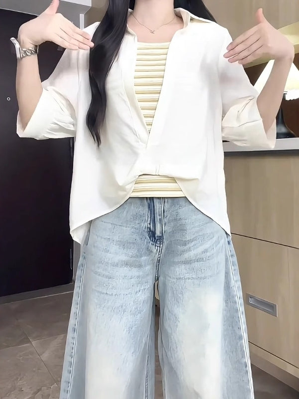 Böyük ölçülü qadınlar üçün 2026 yay yeni stilində boş yamaqlı iki hissəli köynək, arıqladıcı gündəlik qısaqol köynək