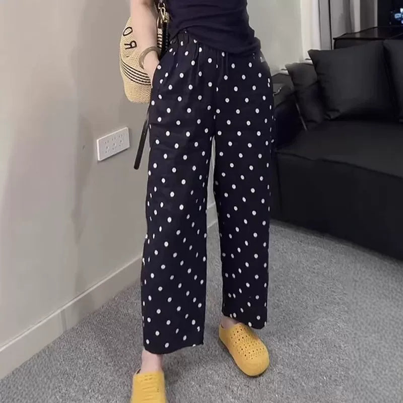 Qadınlar üçün böyük ölçülü nöqtəli elastik bel şalvarları, yeni yay üslubunda, arıqladıcı, boş, dəbli, qısa enli şalvarlar