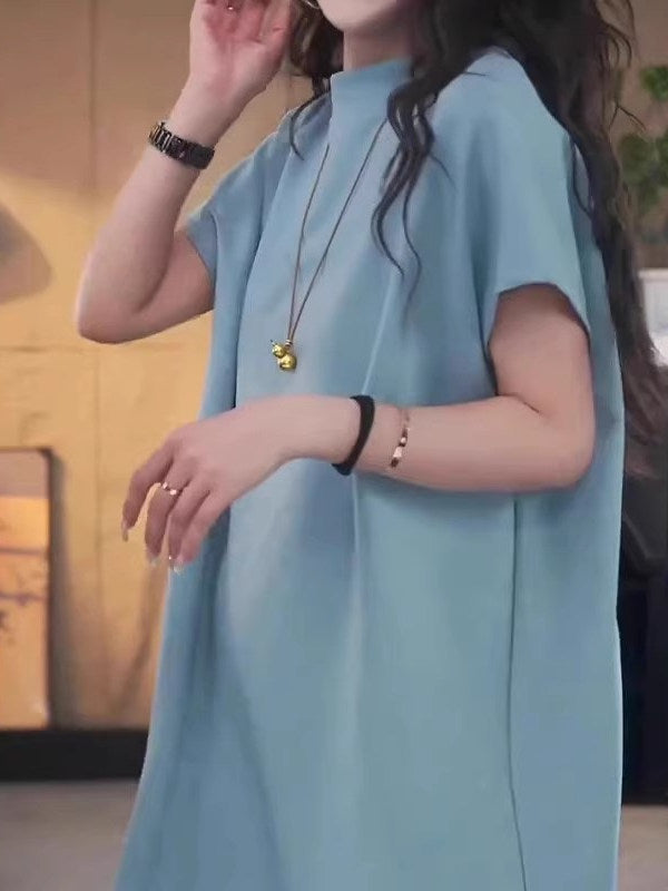 Avropa üslubunda böyük ölçülü qısaqol köynək, böyük ölçülü qadın geyimləri, 2026-cı il yayı, boş forma, orta uzunluqda, kök qızlar üçün yarıqlı top, qarnını gizlədir.