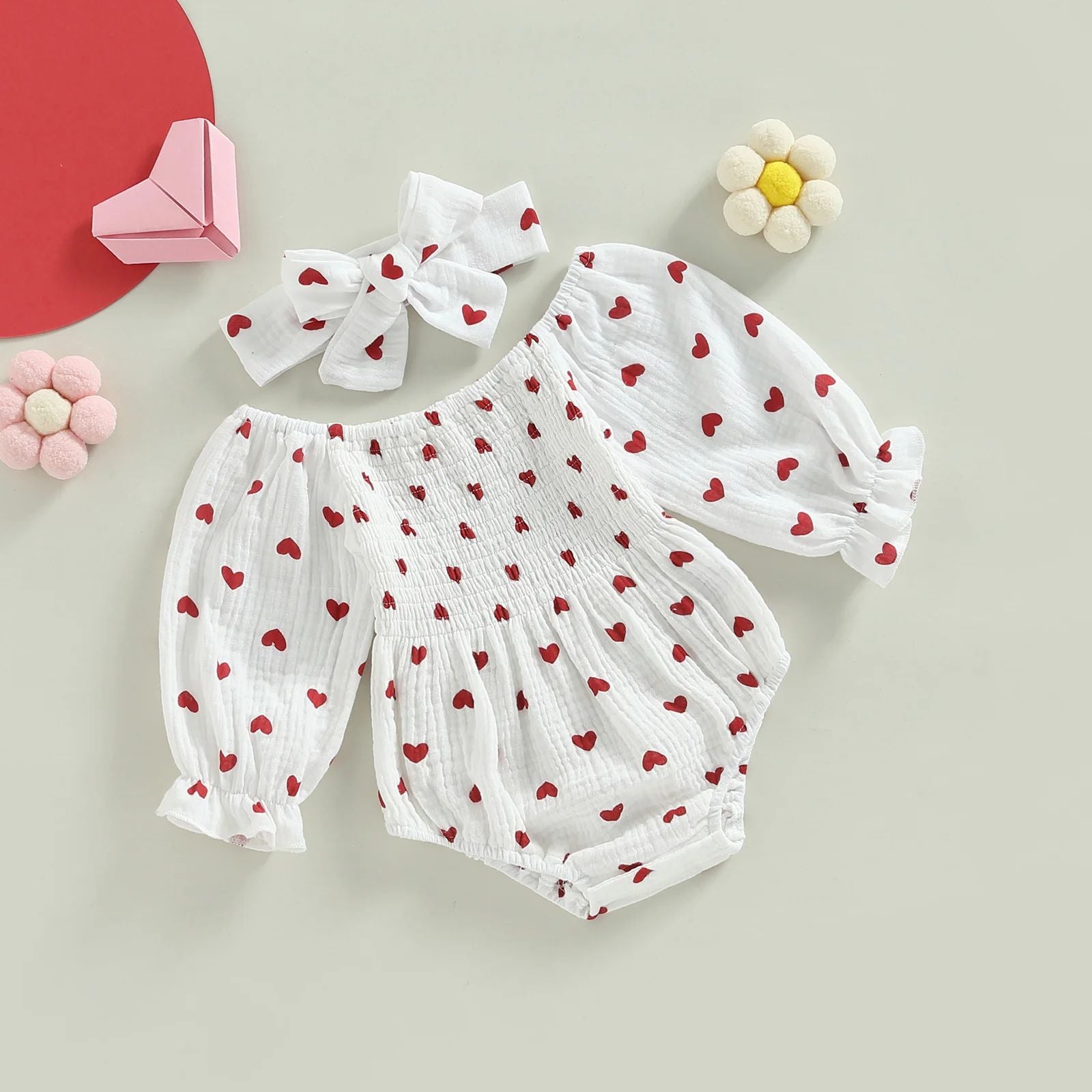 Girls' Valentine's Day Romper Heart Pattern Long Sleeve Bodysuit