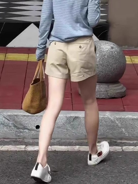 Qadınlar üçün xaki şortları, 2026-cı ilin yay trendi, böyük ölçü, yüksək belli, gənc, çox yönlü, gündəlik A-xəttli şortlar.