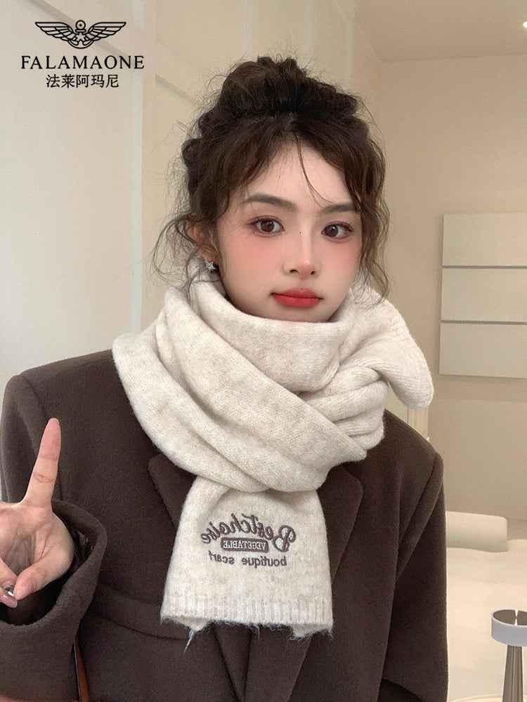Qadınlar üçün Fala Armani ağ yumşaq yun şarf, qış Koreya üslubunda toxunmuş yun şarf, yüksək keyfiyyətli və çoxfunksiyalı.
