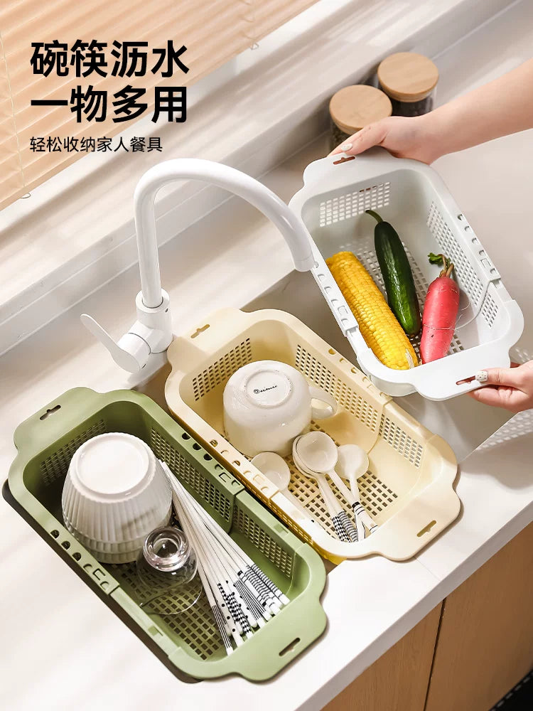 Lavabo hövzəsi drenaj səbəti geri çəkilə bilən iki qatlı tərəvəz səbəti mətbəx meyvə və tərəvəz lavabo drenaj səbəti plastik məişət yeni model