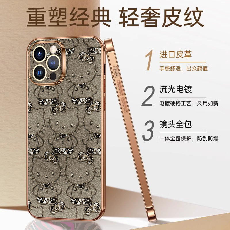 Compatible with Apple iPhone 15 Pro Max, iPhone 16/17/12/13/14, cute Hello Kitty leather case with electroplating, high-end full-coverage premium feel, luxury gold-plated protective case for iPhone 16 Plus.