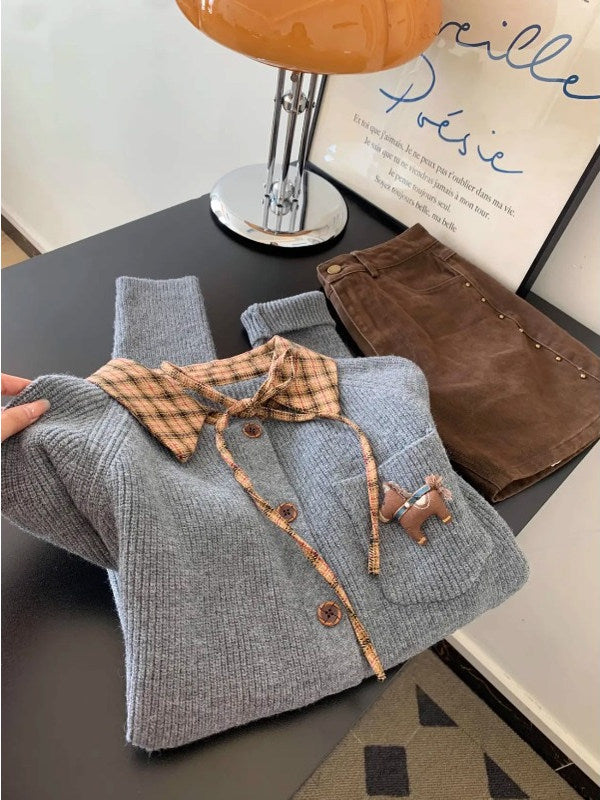 Kiçik bədənli qadınlar üçün şirin və zərif preppy üslubunda retro dama-dama süni iki hissəli toxunma sviter, payız və qış yaşlanmanı azaldan sviter.