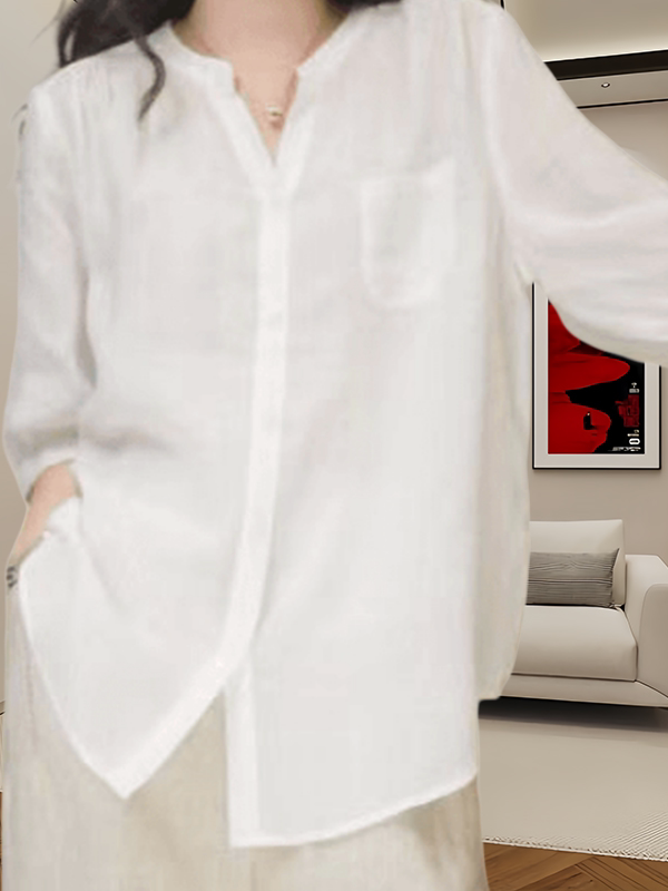 Nazik rami köynək, yay üslubunda, böyük ölçüdə, dəbli və boş V-yaxalı, düz rəngdə, çoxfunksiyalı köynək, orta uzunluqlu qollar, arıqladıcı köynək.