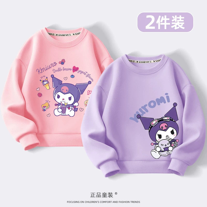 Kuromi Qızlar üçün Sweatshirt Payız/Qış 2024 Yeni Model Dəbli, Yun Astarlı Kürək Yaxalı Top Qızlar və Böyük Uşaqlar üçün