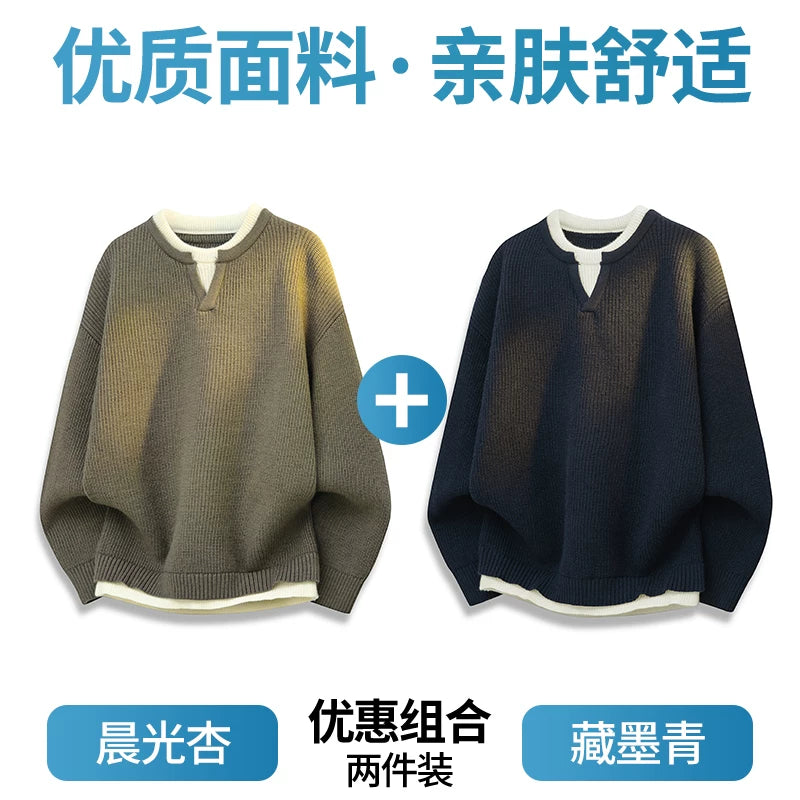 Romon Faux İki Hissəli Sviter Kişilər üçün 2025 Yeni Payız və Qış İsti Trikotaj Qalınlaşdırılmış Daxili Qatlı Kişi Topu