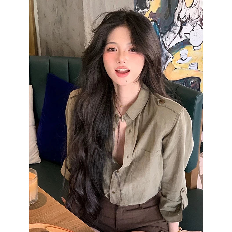 [Rahat Stil] Qadınlar üçün Yay Koreya Retro Boş Tək Döşlü Dizaynlı Yaxalı Uzun Qollu İş Köynəyi