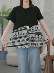 Böyük ölçülü, geniş bədən formasında, yamaqlı qısaqollu qadın köynəyi, yeni yay stili, arıqladıcı retro naxışlı top.