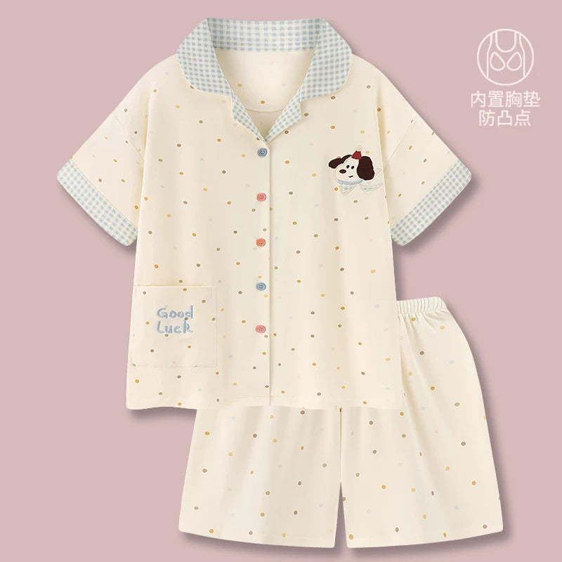 "Polka Dot Puppy" Cizgi filmi Saf Pambıq Pijama Qadın Yayı 2026 Yeni Qısaqol Şort Boş Ev Geyimi Dəsti