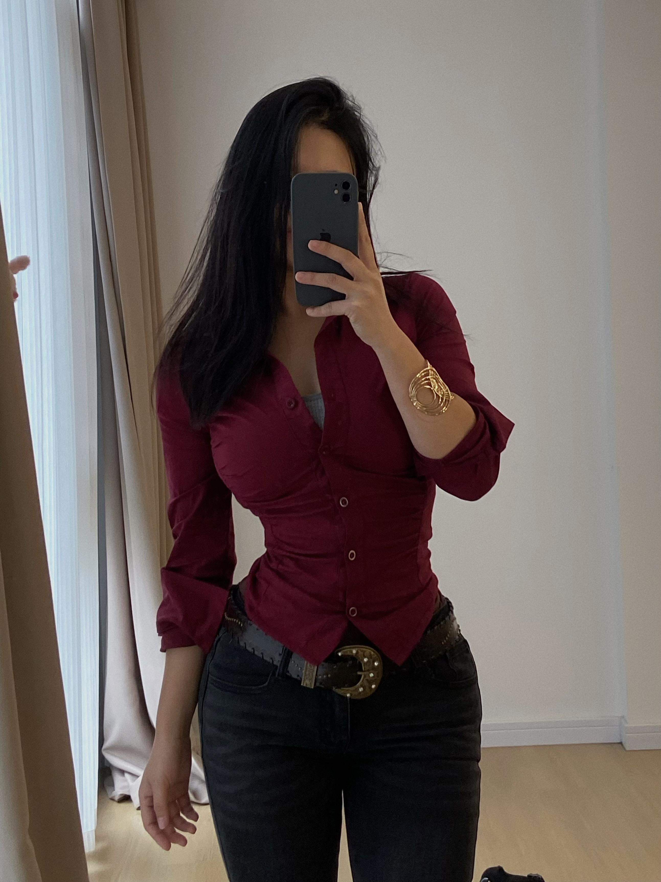 "Anqola Qırmızı Köynək, Han Jiaren Qırmızı" - Qırışlı Bel Arıqladıcı Elastik Uzunqol Köynək