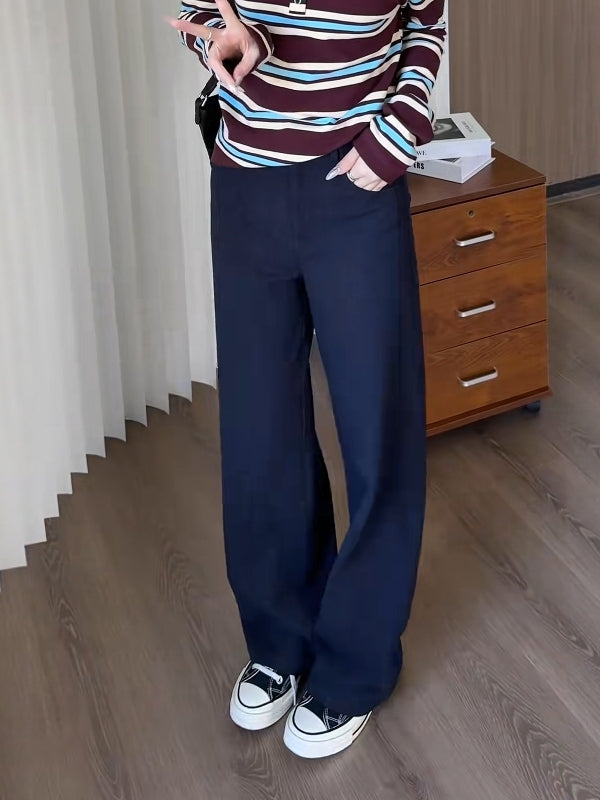 Tünd göy rəngli, nazik formalı, geniş ayaqlı qadın şalvarı, yeni 2026-cı ilin yaz modası, böyük ölçüdə, yüksək belli, pərdəli, kalçanı örtən, düz ayaqlı şalvar.