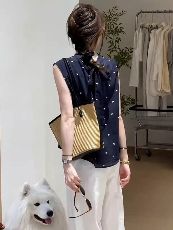 Böyük Ölçülü Qadınlar üçün Koreya Üslubunda Arxa Qalstuk Polka Nöqtəli Köynək Jilet Yay Yeni Üslubunda Boş Uyğunluqlu Arıqladıcı Qolsuz Top