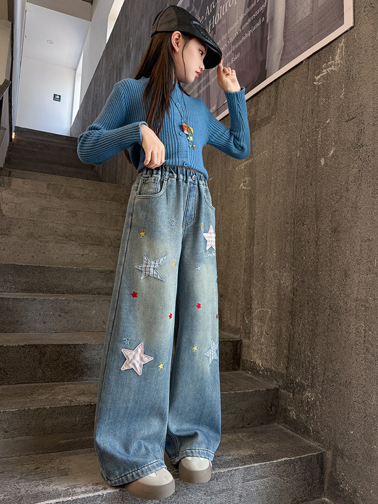 Qızlar üçün yun astarlı şalvar, payız/qış üslubunda, 2025 yeni üslubunda, böyük uşaqlar üçün enli ayaqlı şalvar, qış üçün qalınlaşdırılmış gündəlik cins şalvar.