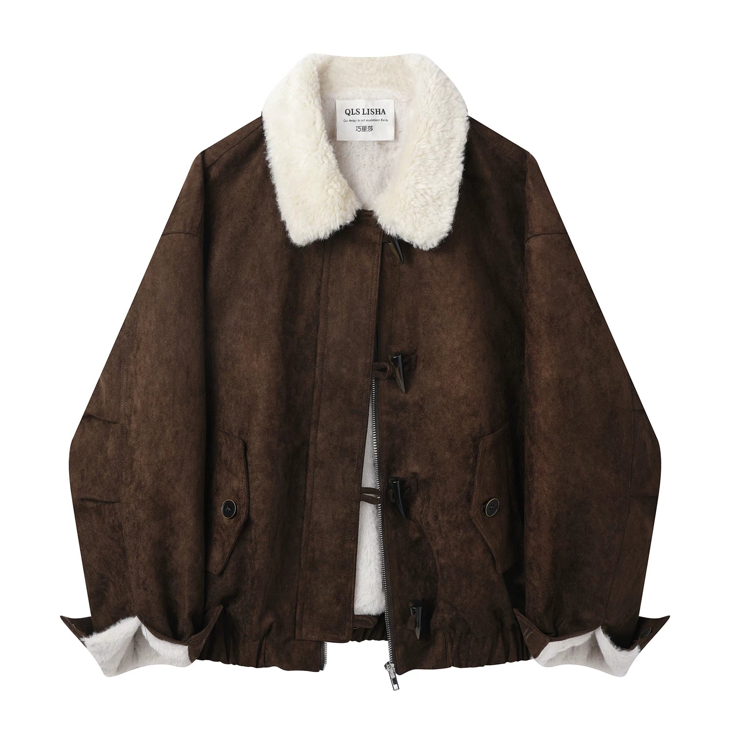 Cholisa Lambswool Zamşa Gödəkçə, Payız/Qış 2025 Yeni Qadın Dəbli Yun Astarlı Qalın İsti Gödəkçə