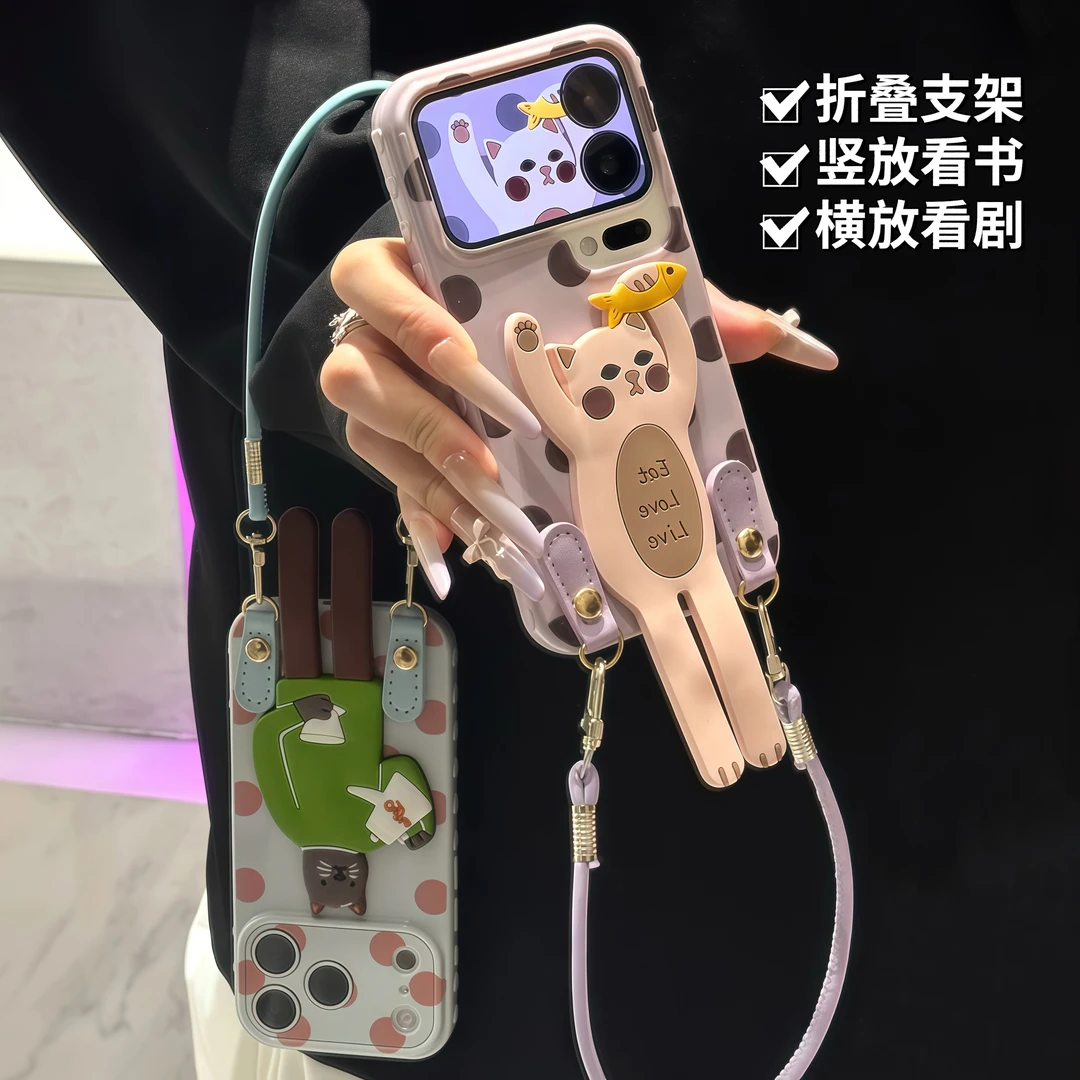 Apple 17promax mobil telefon qutusu Huawei mate60pro yeni p70 sevimli Reno15 yaradıcı s20/x300 fərdiləşdirilmiş Xiaomi 17 qadın şöhrəti üçün uyğun İnternet məşhurunun sevimli pişik tutacağı lanyard
