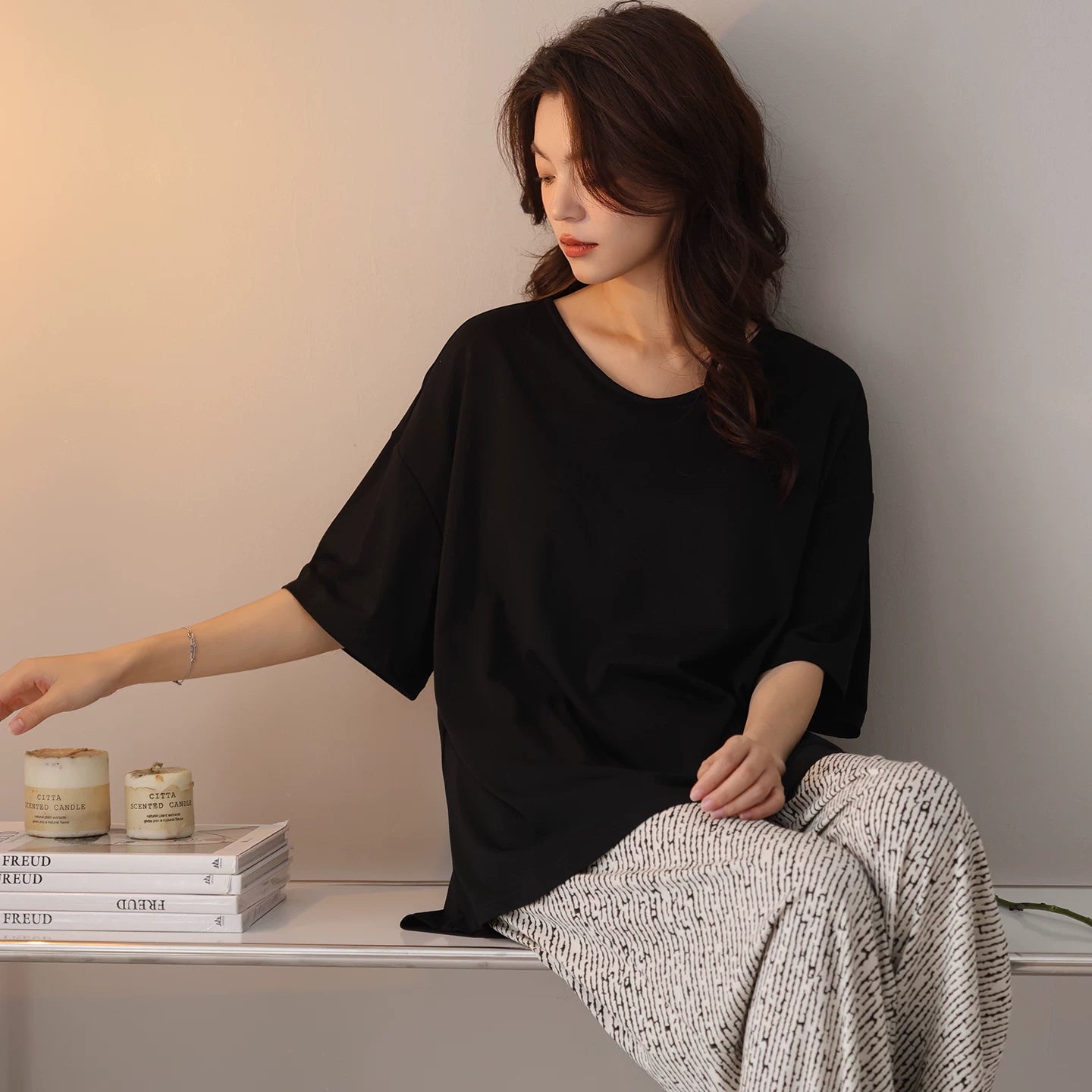 Fentonkoan xalis pambıq pijama qadınlar üçün yastıqlı dəyirmi boyunlu qısaqol şalvar yay nazik üslublu ev paltarı dəsti çöldə geyinilə bilər